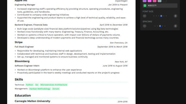 Resumey.pro's design mode